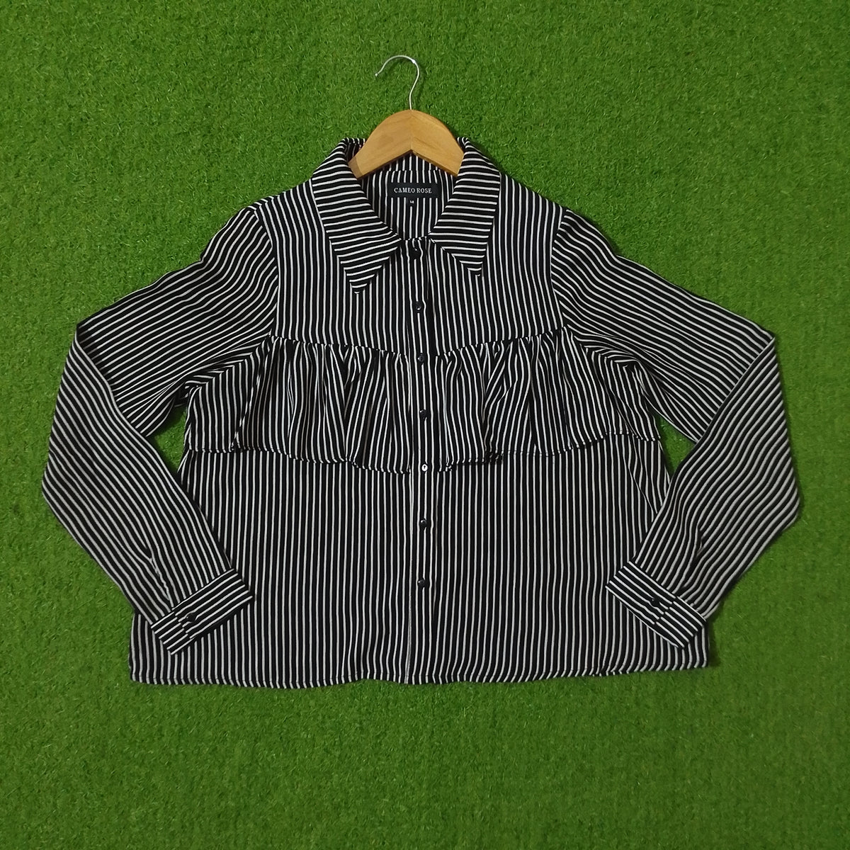 Black & White Striped Smocked Waist Crop Shirt - Detail View