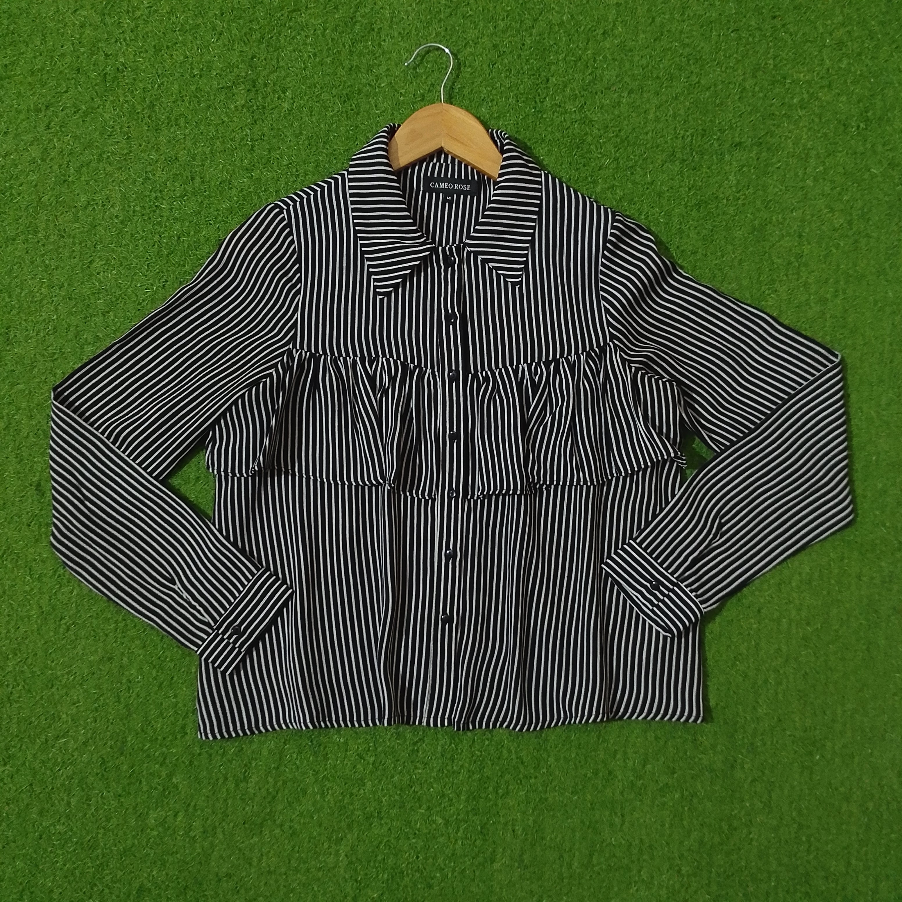 Black & White Striped Smocked Waist Crop Shirt - Front View