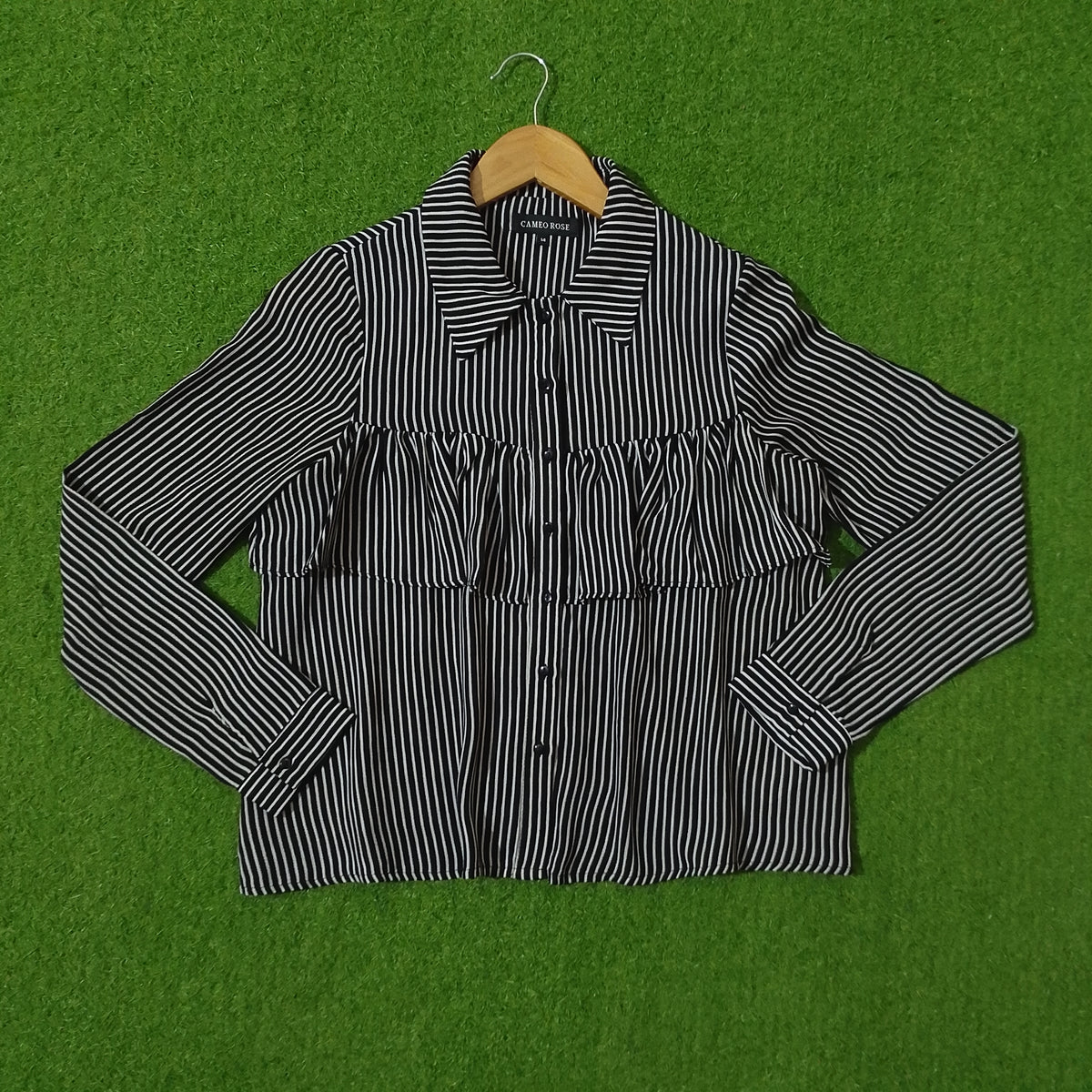 Black & White Striped Smocked Waist Crop Shirt - Front View