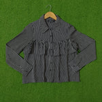 Black & White Striped Smocked Waist Crop Shirt - Front View