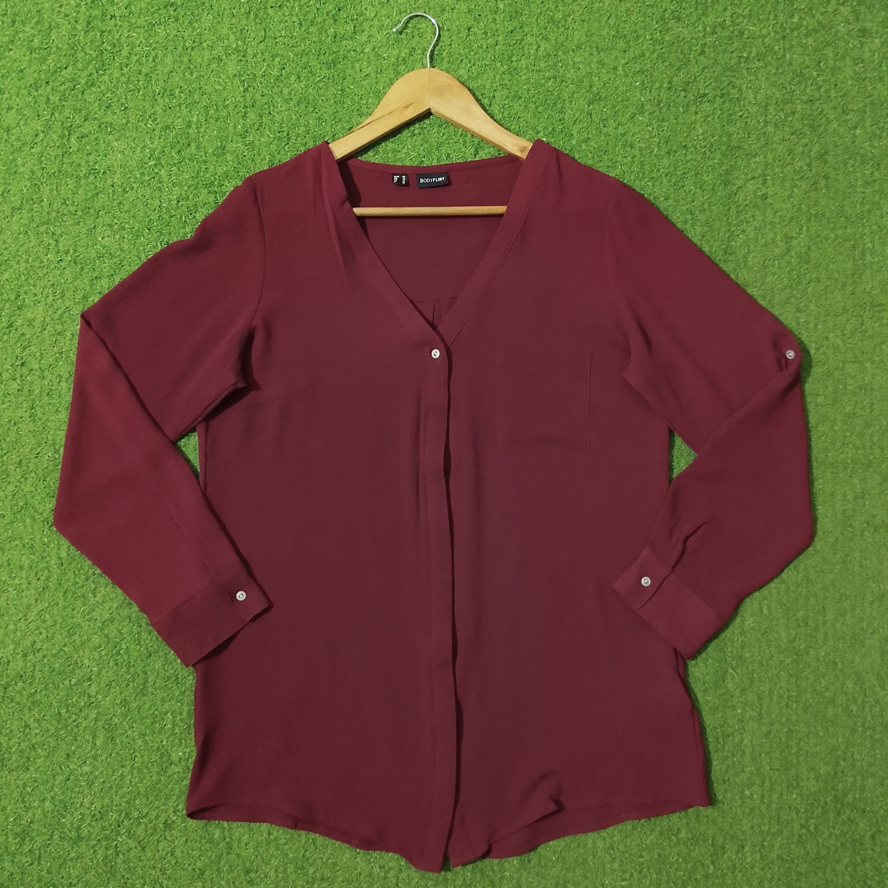 Maroon V-Neck Single Button Chiffon Crush Shirt - Front View