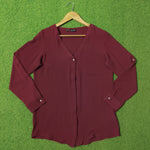 Maroon V-Neck Single Button Chiffon Crush Shirt - Front View