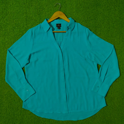 Teal V-Neck Collared Chiffon Shirt - Front View - alternate view