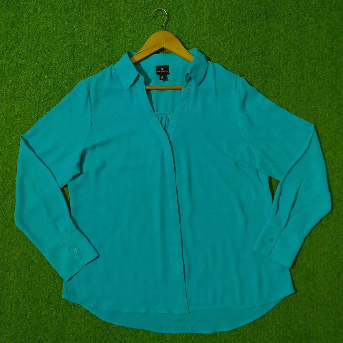 Teal V-Neck Collared Chiffon Shirt - Front View