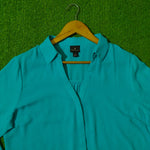 Teal V-Neck Collared Chiffon Shirt - Collar Detail
