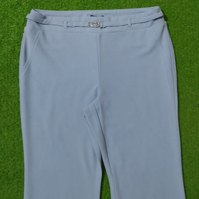 Light blue bootcut flare pants silver buckle waistband detail - alternate view