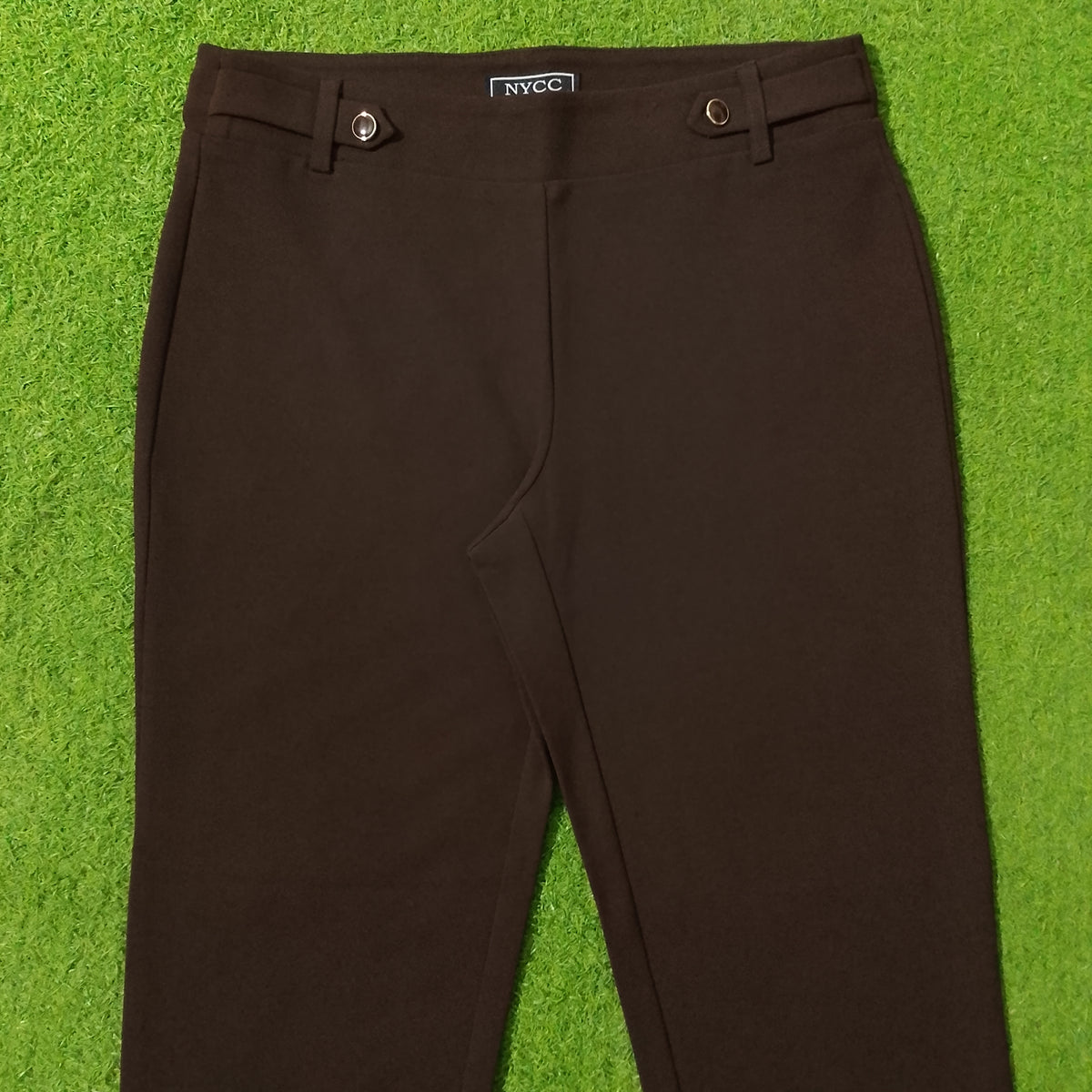 Brown slim straight trouser waistband button detail