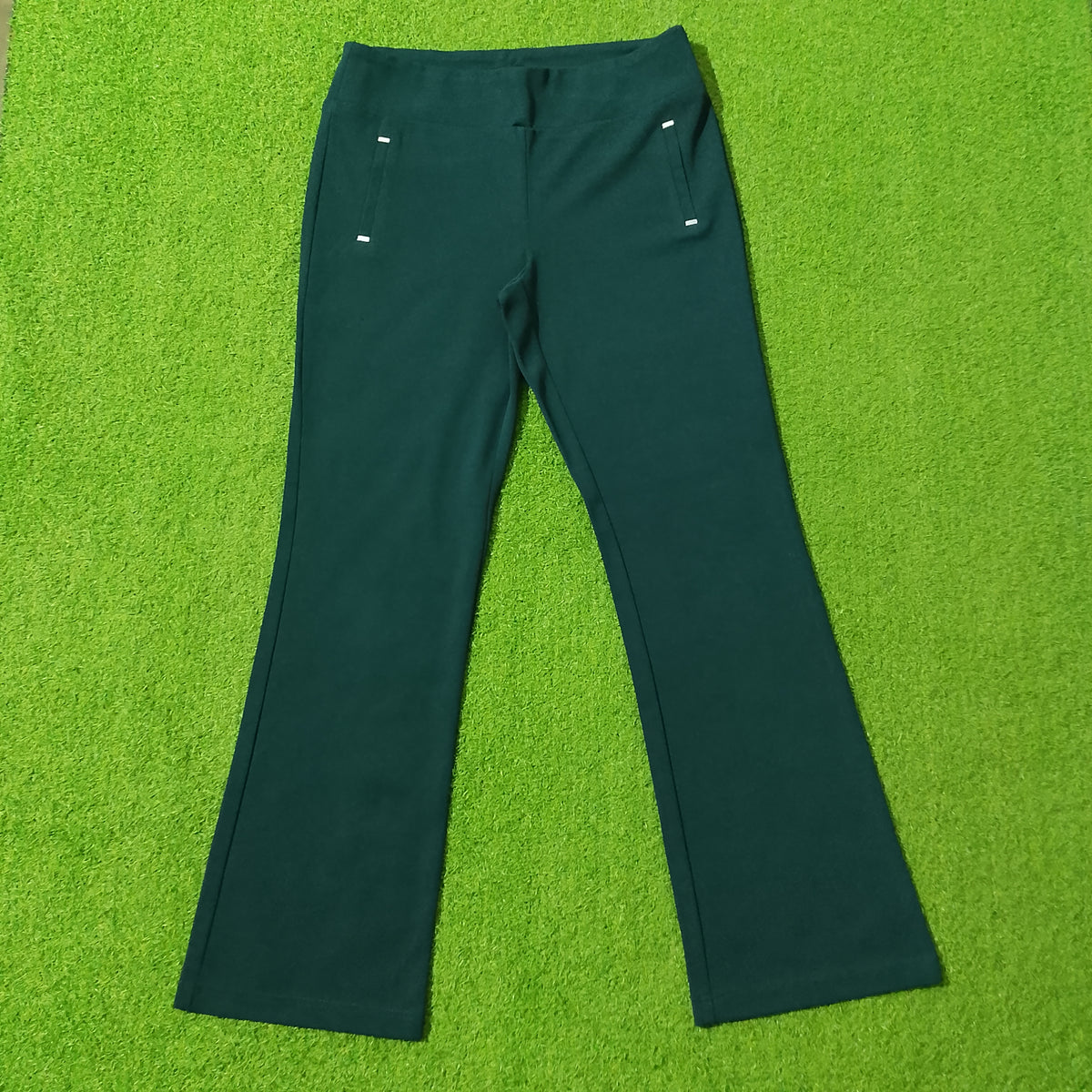 Green Bootcut Pull-On Pants with Faux Pocket Detail