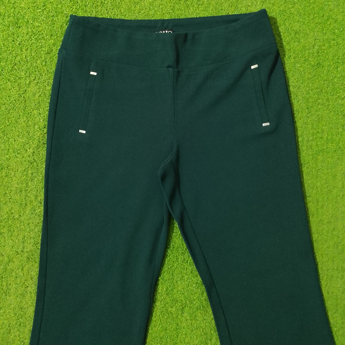 Green Bootcut Pull-On Pants with Faux Pocket Detail