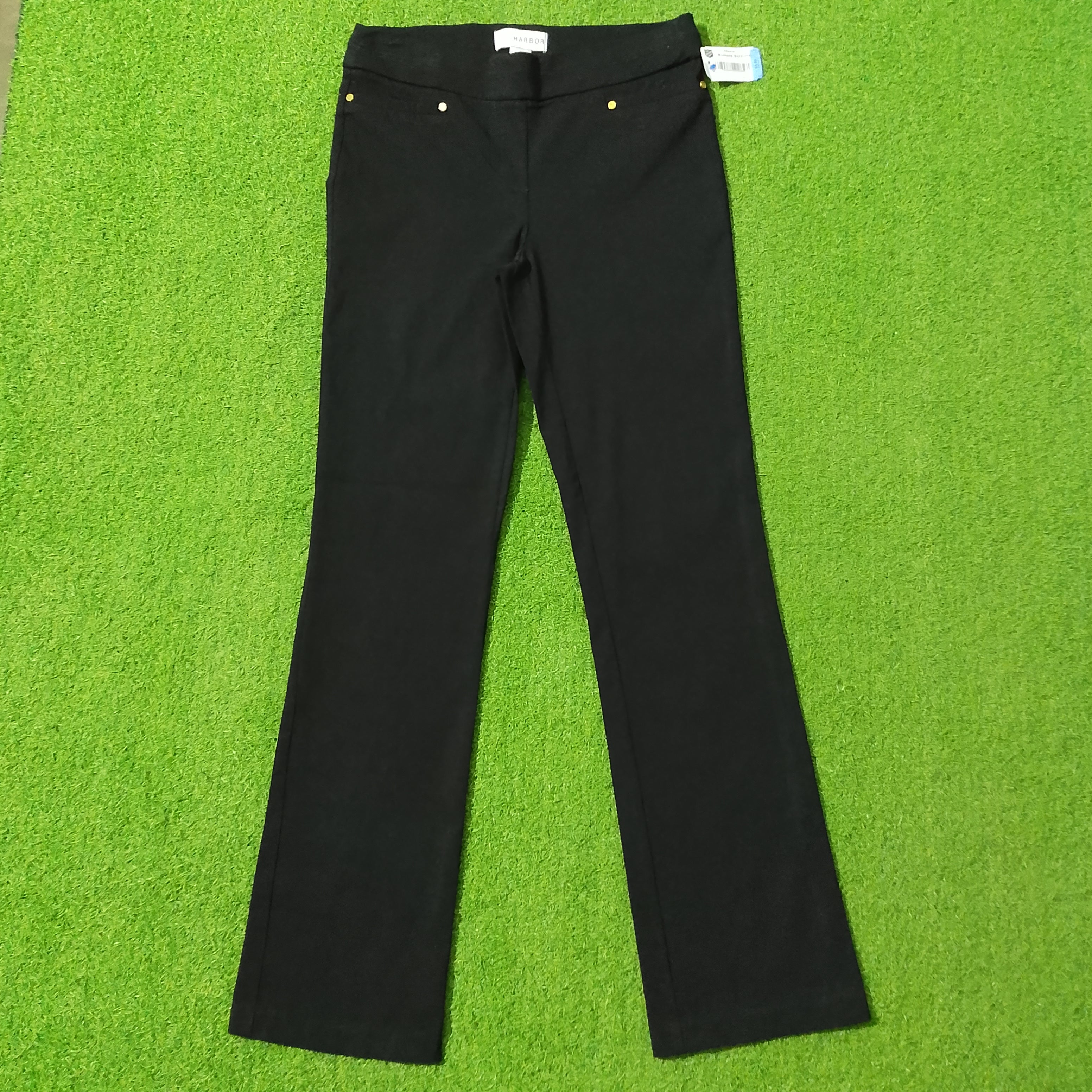 Black Bootcut Pull-On Pants with Gold Stud Detail