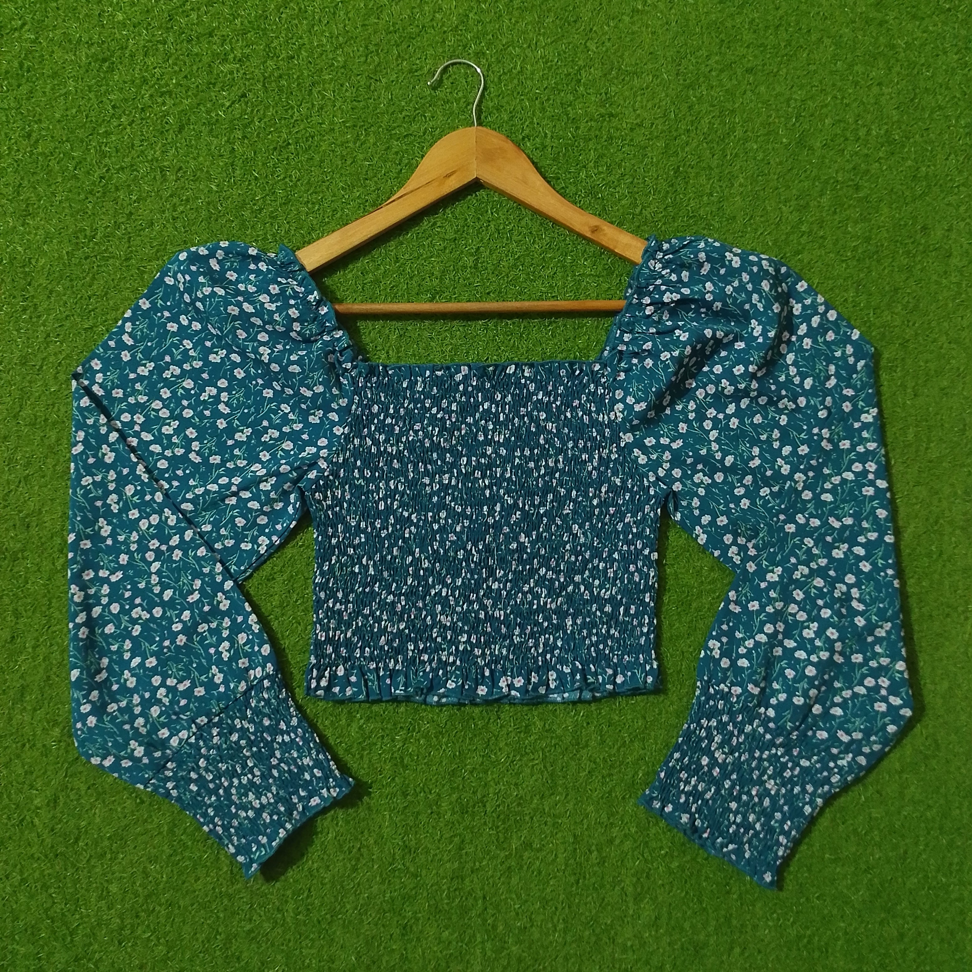 Teal Blue Ditsy Floral Smocked Square Neck Long Sleeve Crop Top - Front View