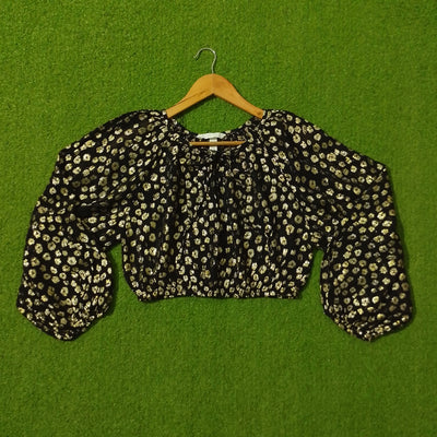 Black Gold Floral Print Puff Sleeve Crop Top - Front View