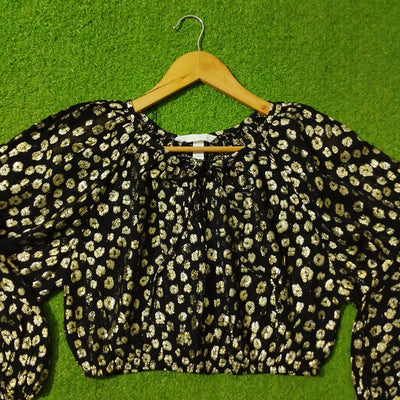 Black Gold Floral Print Puff Sleeve Crop Top - Detail View - alternate view