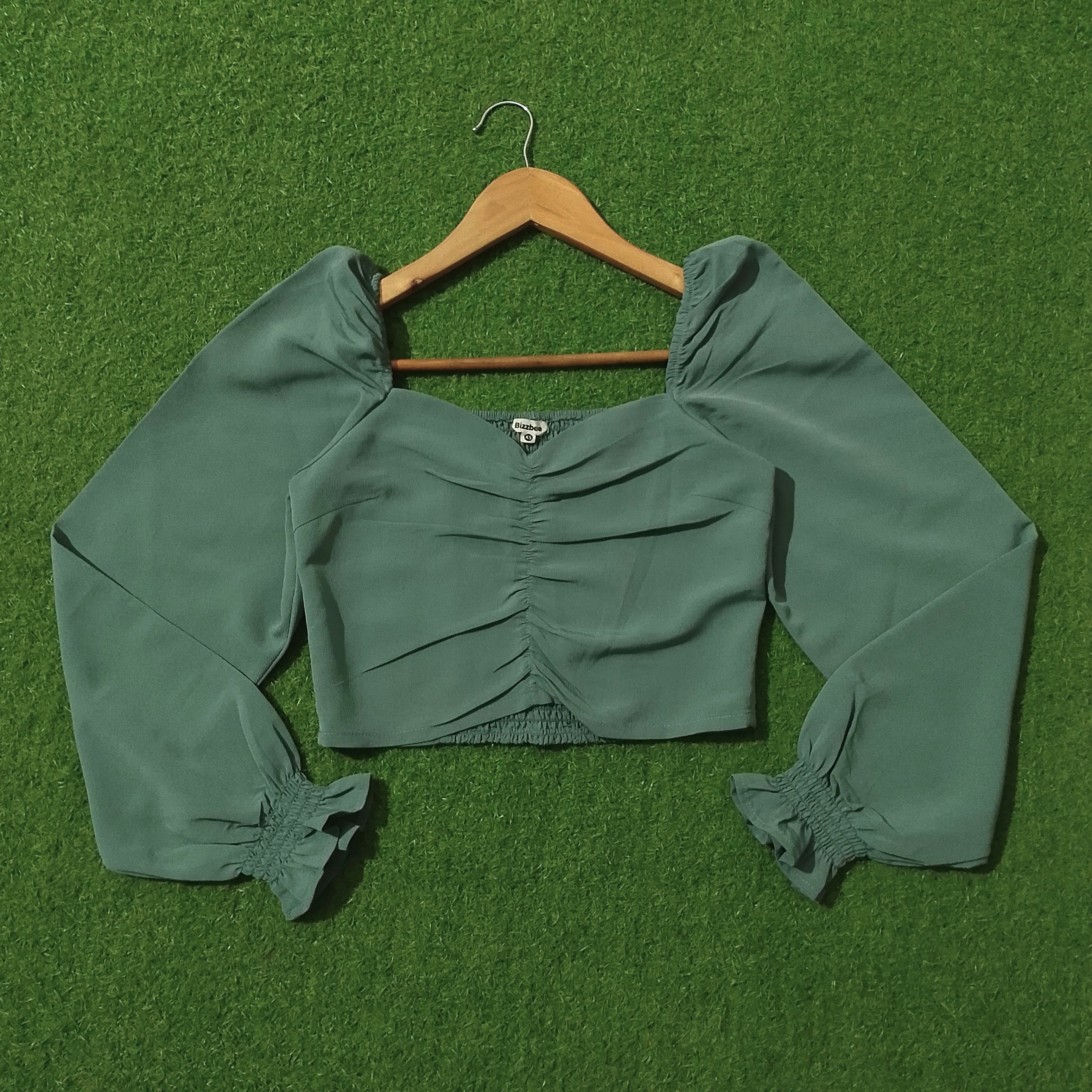 Sage Green Ruched Front Puff Sleeve Crop Top - Front View