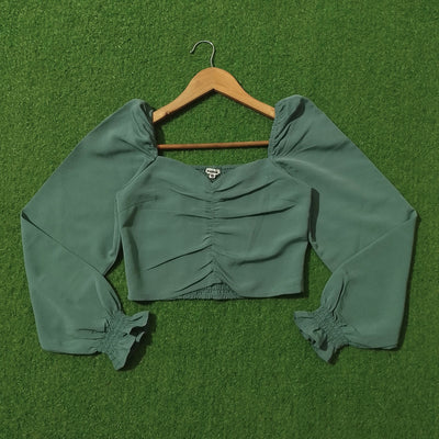 Sage Green Ruched Front Puff Sleeve Crop Top - Front View