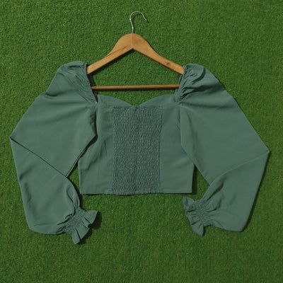 Sage Green Ruched Front Puff Sleeve Crop Top - Back View - alternate view