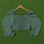 Sage Green Ruched Front Puff Sleeve Crop Top - Back View