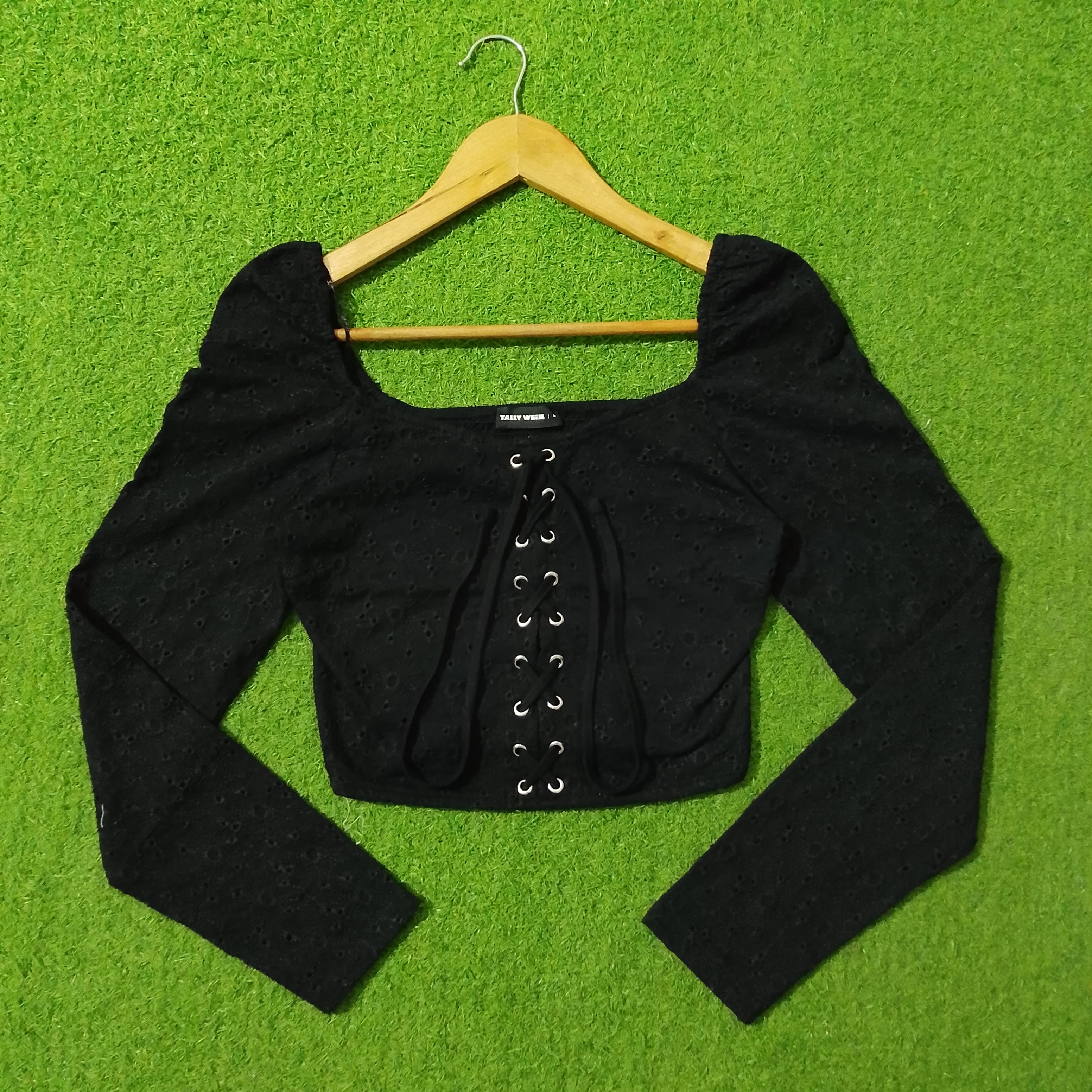 Black Lace-Up Front Puff Shoulder Crop Top - Front View
