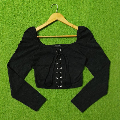 Black Lace-Up Front Puff Shoulder Crop Top - Front View