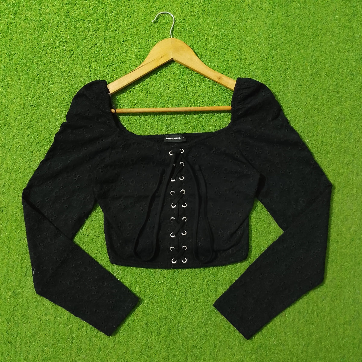 Black Lace-Up Front Puff Shoulder Crop Top - Front View