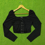 Black Lace-Up Front Puff Shoulder Crop Top - Front View