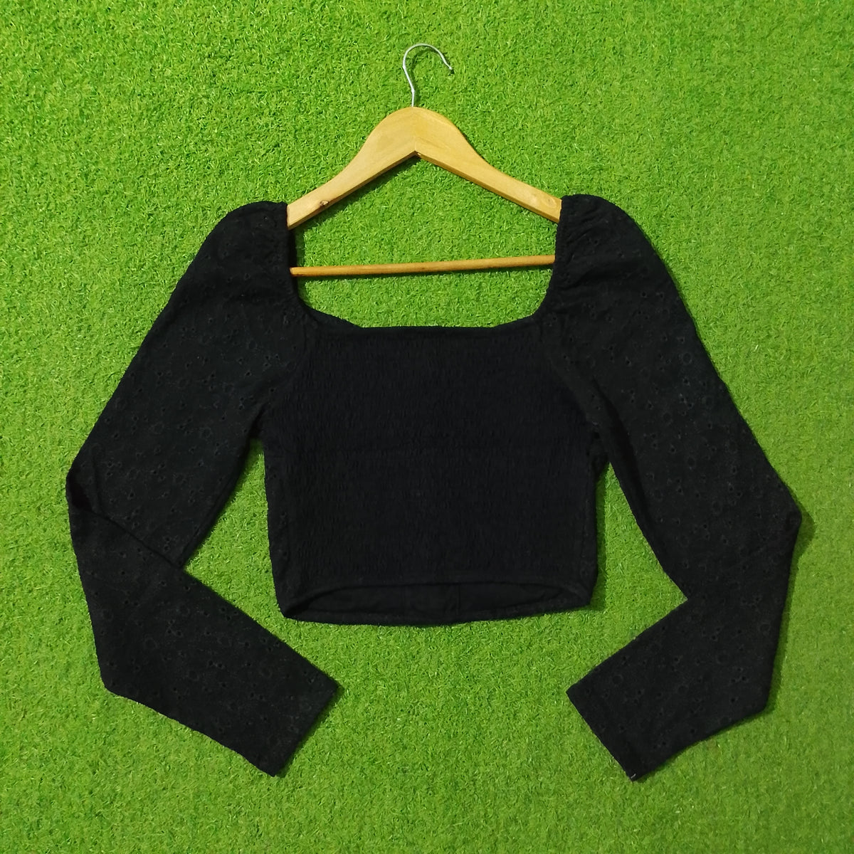 Black Lace-Up Front Puff Shoulder Crop Top - Back View