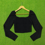 Black Lace-Up Front Puff Shoulder Crop Top - Back View