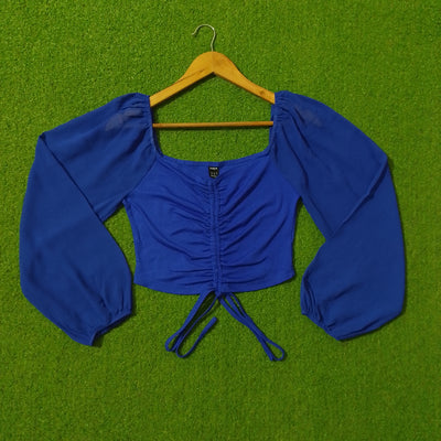 Royal Blue Ruched Drawstring Puff Sleeve Crop Top - Front View