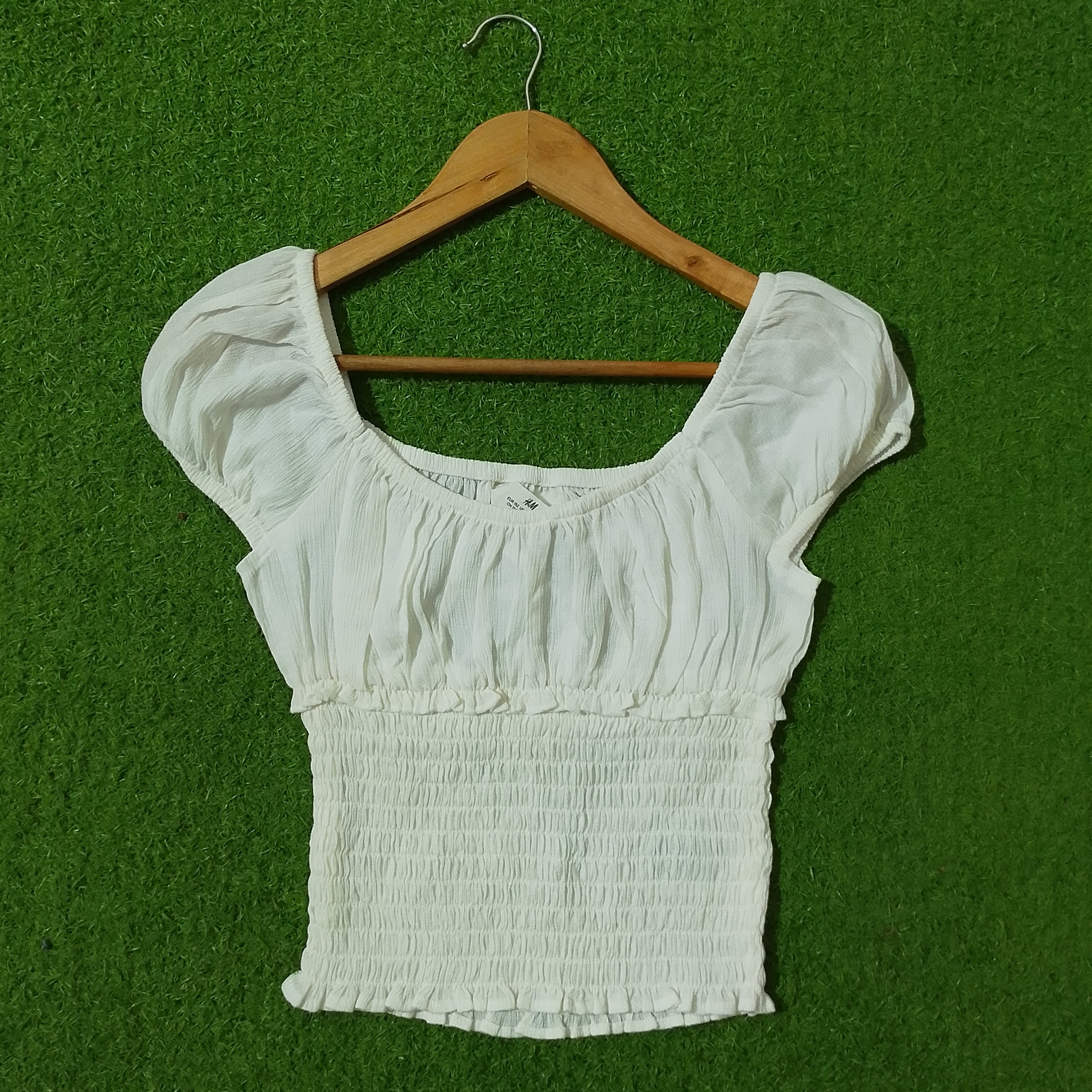 White Smocked Ruched Puff Sleeve Crop Top - Front View