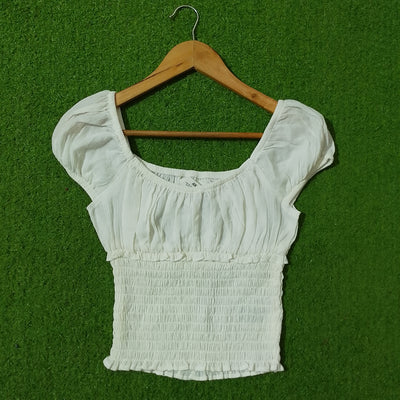 White Smocked Ruched Puff Sleeve Crop Top - Front View