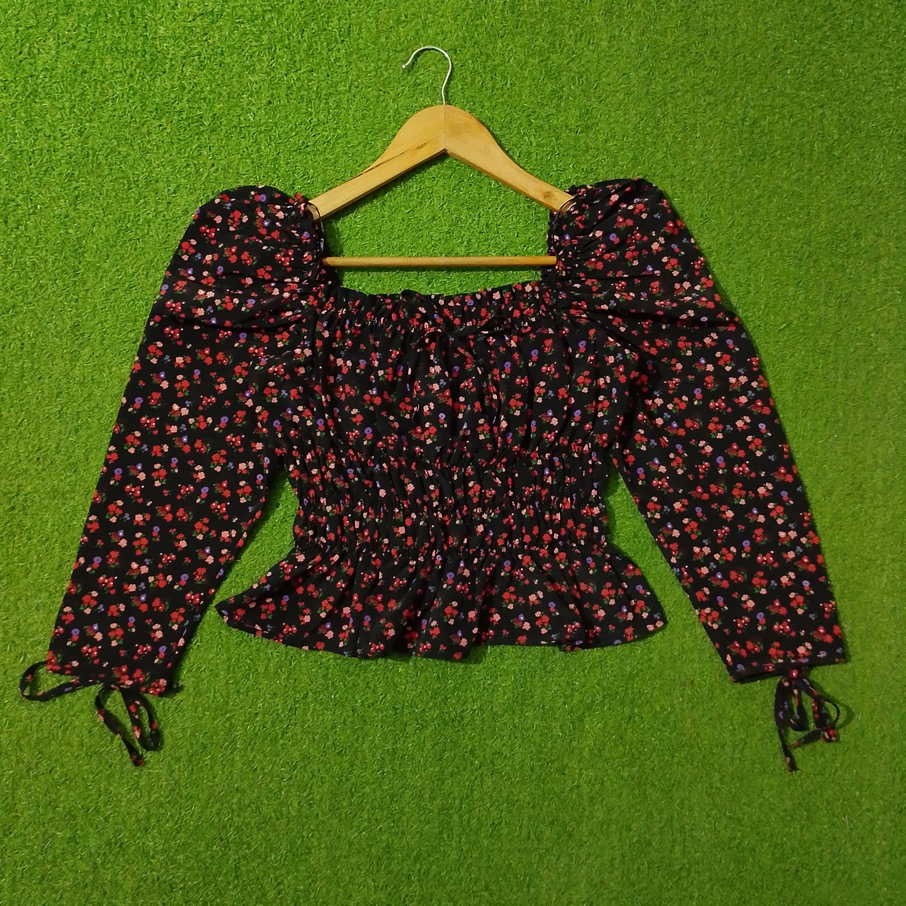 Black Ditsy Floral Smocked Puff Sleeve Crop Top - Front View