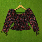Black Ditsy Floral Smocked Puff Sleeve Crop Top - Front View