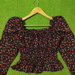Black Ditsy Floral Smocked Puff Sleeve Crop Top - Back View