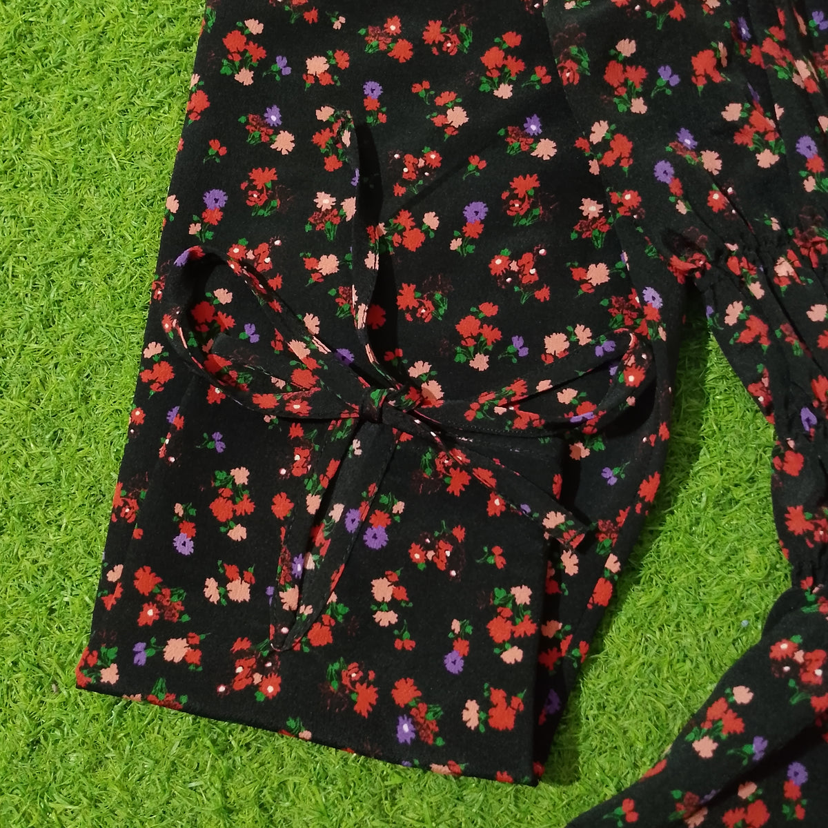 Black Ditsy Floral Smocked Puff Sleeve Crop Top - Tie Cuff Detail
