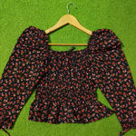 Black Ditsy Floral Smocked Puff Sleeve Crop Top - Side View