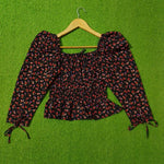 Black Ditsy Floral Smocked Puff Sleeve Crop Top - Front Flat Lay