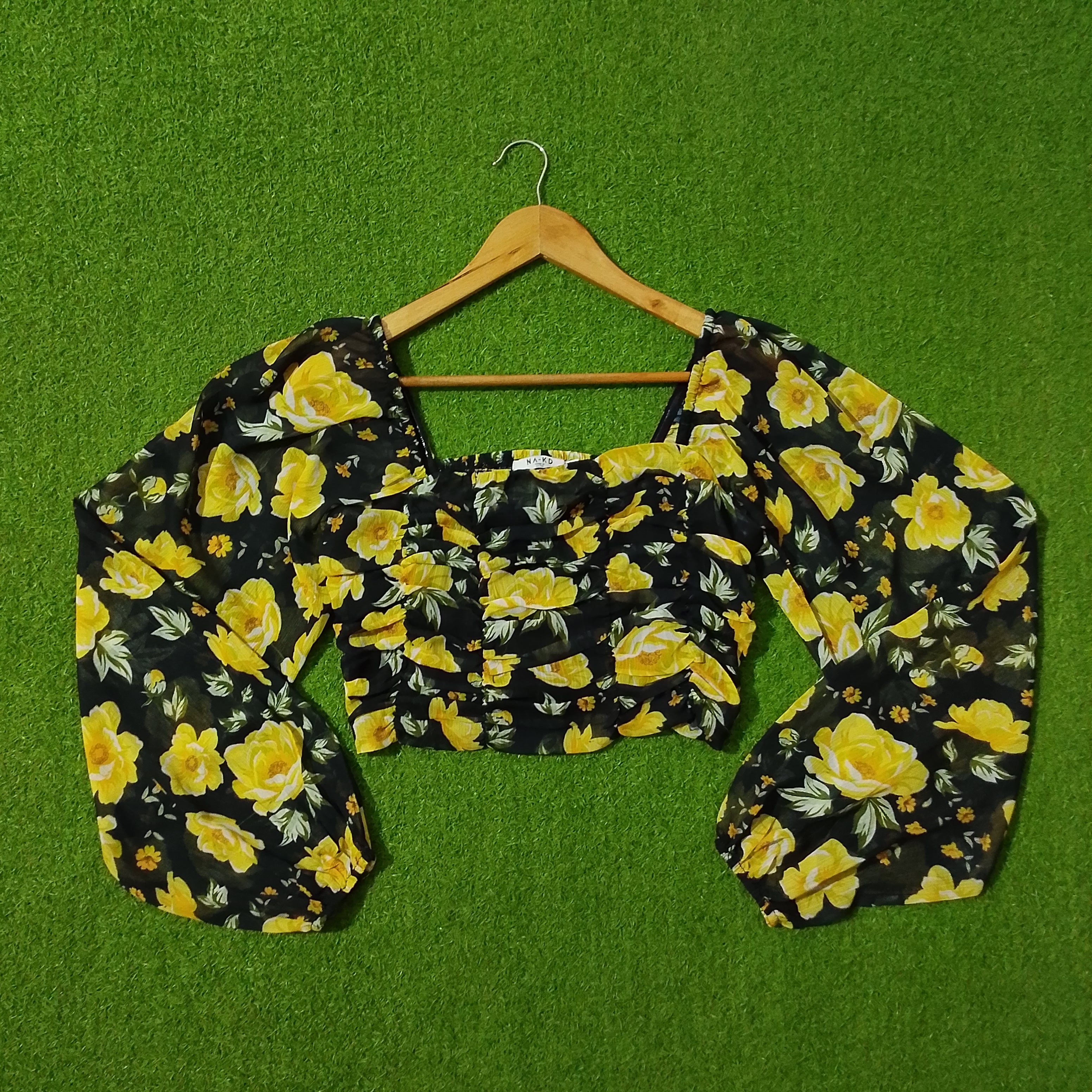 Black Yellow Floral Smocked Puff Sleeve Crop Top - Front View