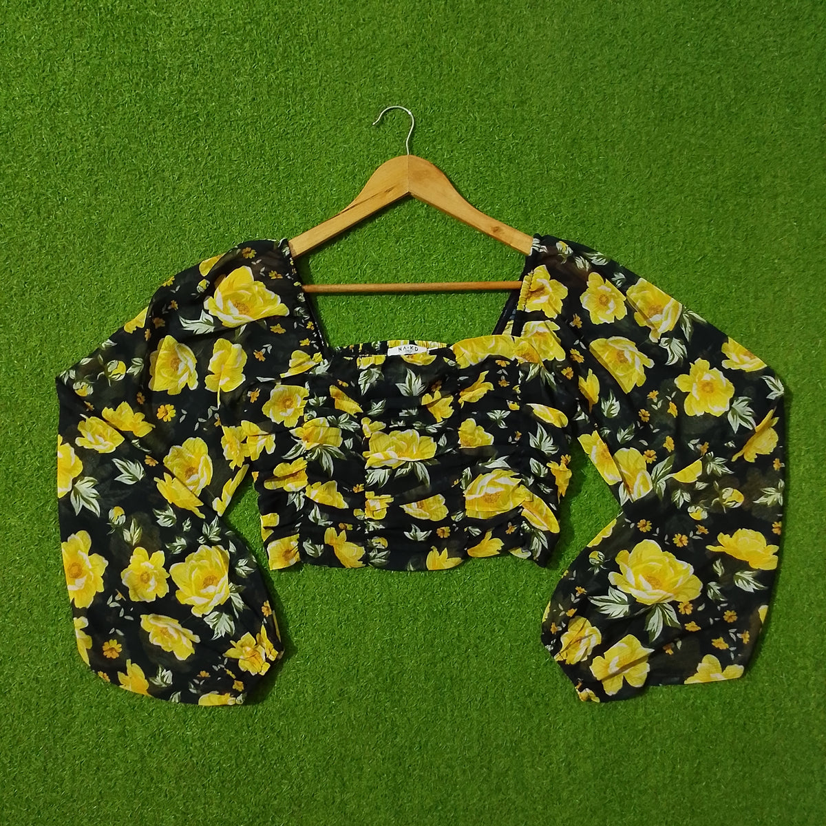 Black Yellow Floral Smocked Puff Sleeve Crop Top - Front View