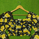 Black Yellow Floral Smocked Puff Sleeve Crop Top - Neckline Detail