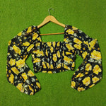 Black Yellow Floral Smocked Puff Sleeve Crop Top - Back View