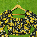 Black Yellow Floral Smocked Puff Sleeve Crop Top - Smocking Detail