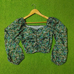 Dark Green Ditsy Floral Smocked Puff Sleeve Crop Top - Front View