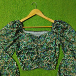 Dark Green Ditsy Floral Smocked Puff Sleeve Crop Top - Neckline Detail