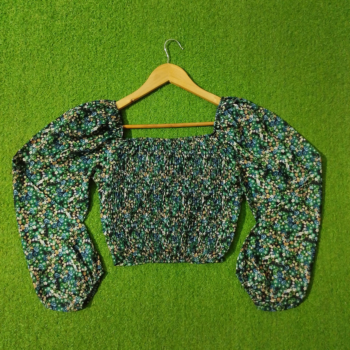 Dark Green Ditsy Floral Smocked Puff Sleeve Crop Top - Back View