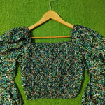 Dark Green Ditsy Floral Smocked Puff Sleeve Crop Top - Smocking Detail