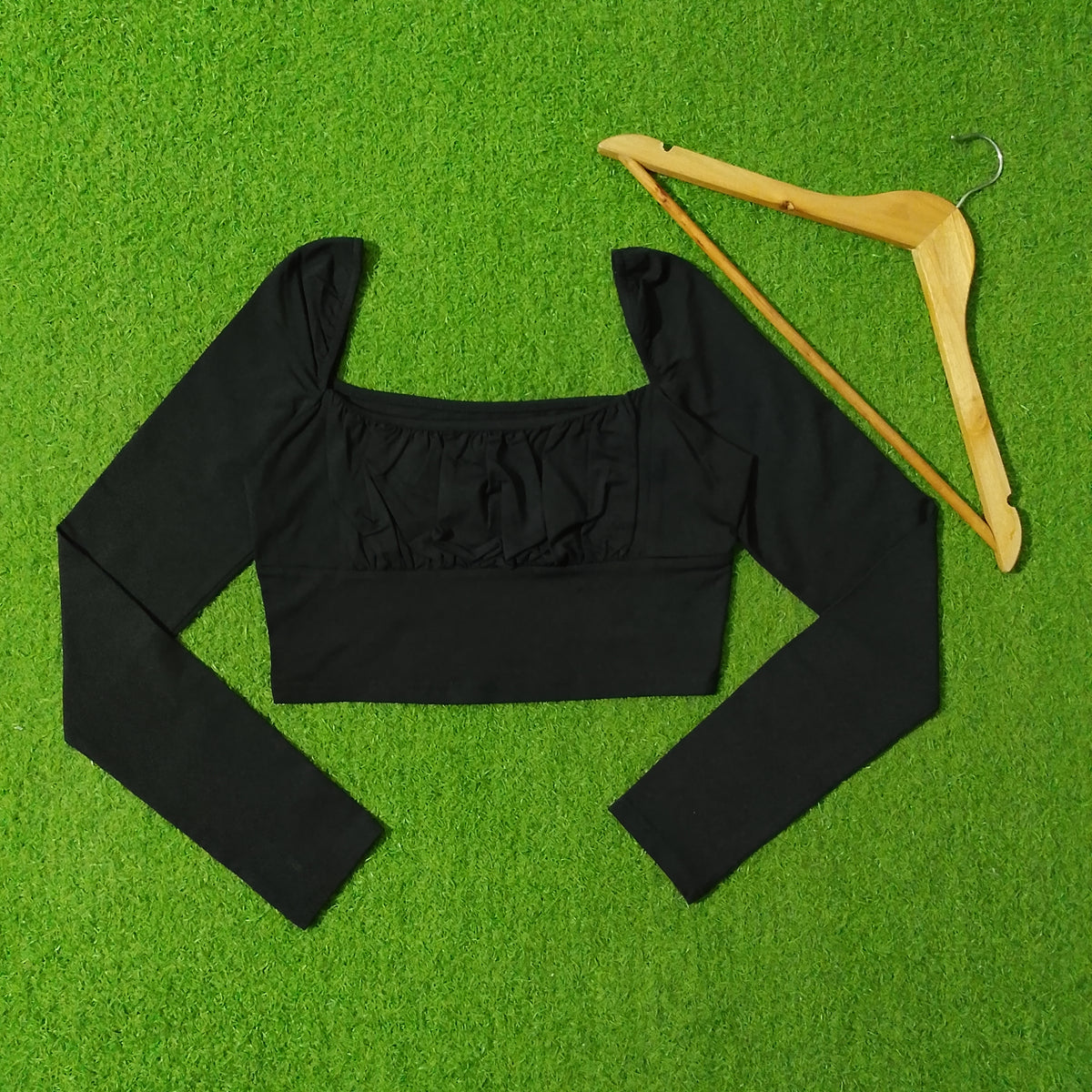 Black Square Neck Ruffle Bust Crop Top - Front View