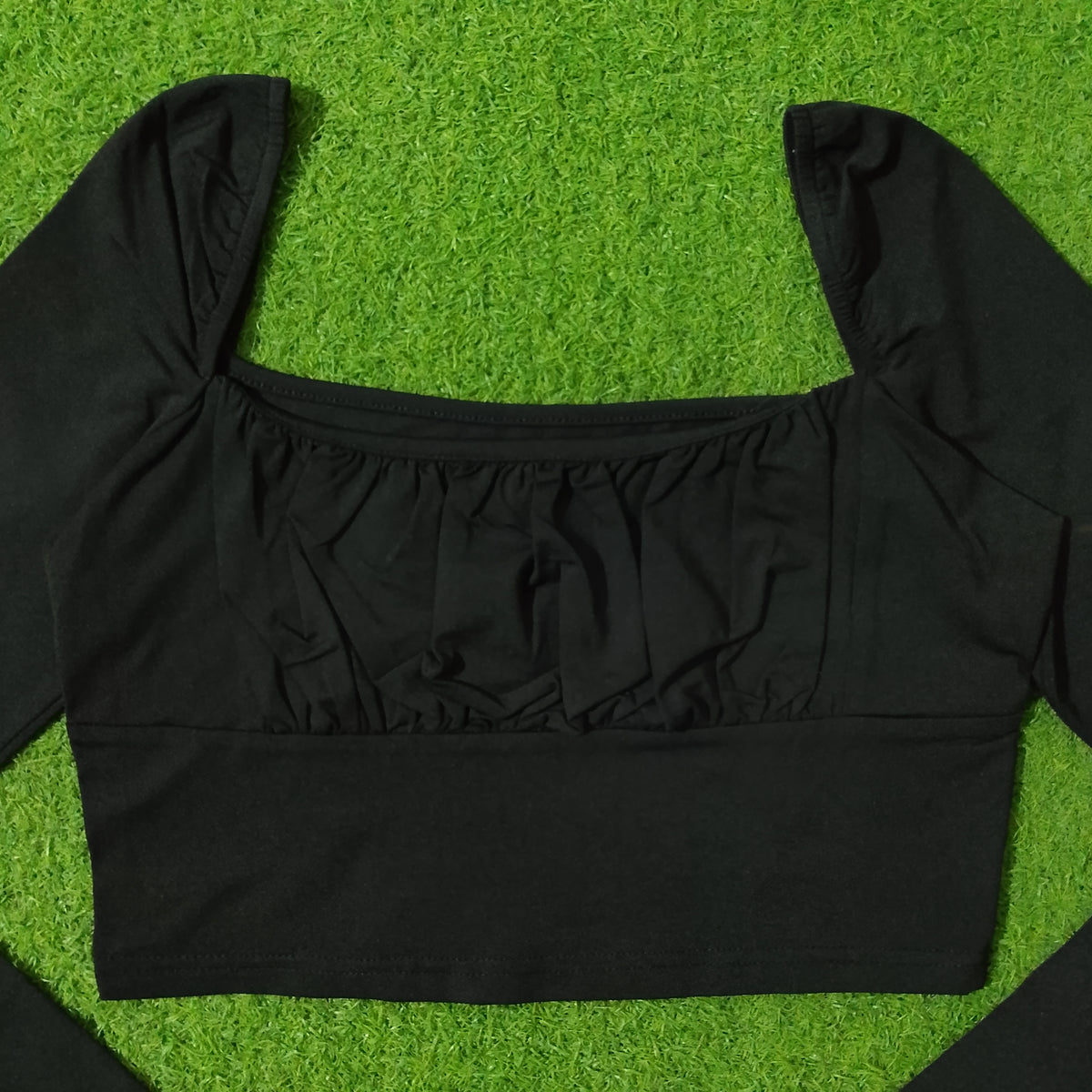 Black Square Neck Ruffle Bust Crop Top - Neckline Detail