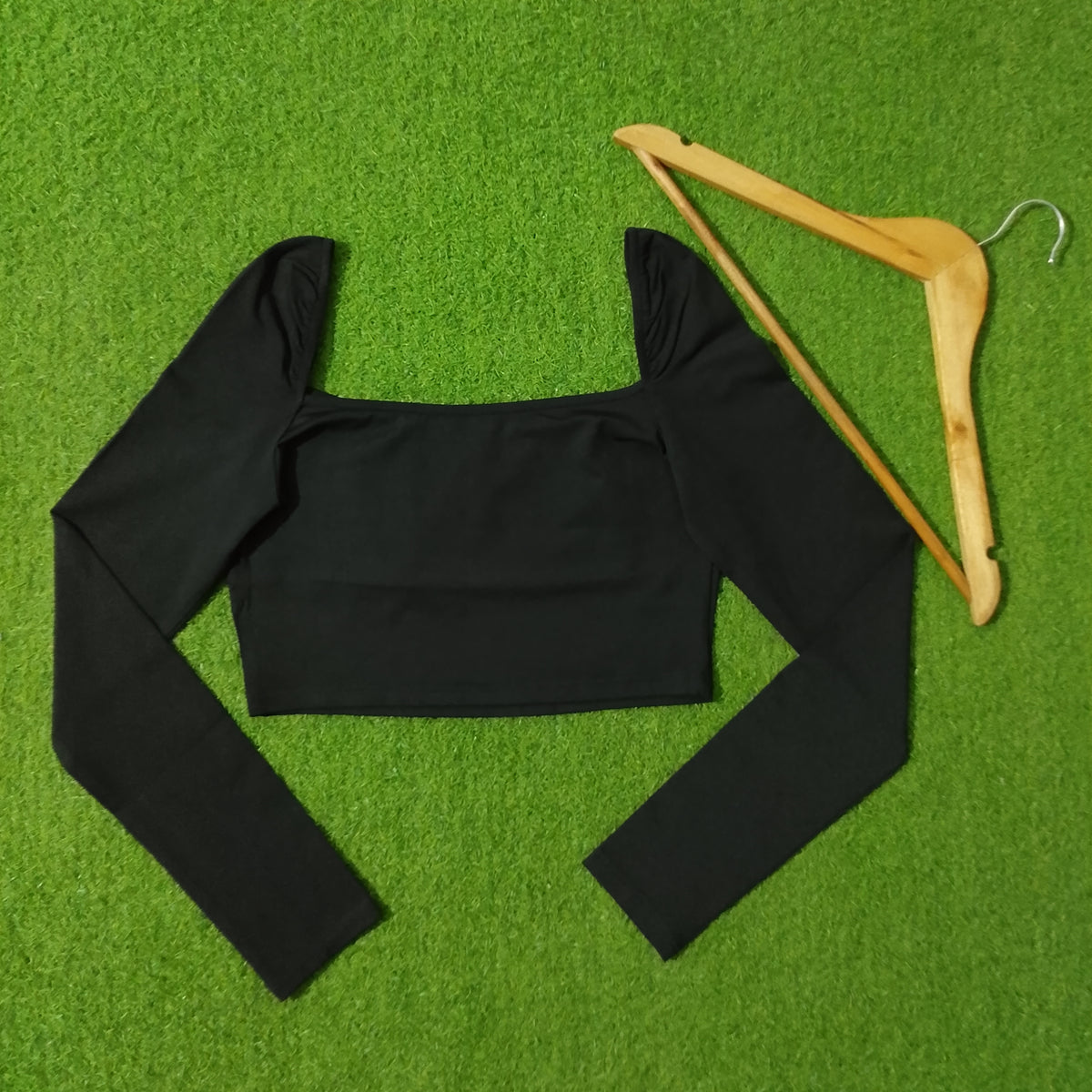 Black Square Neck Ruffle Bust Crop Top - Back View