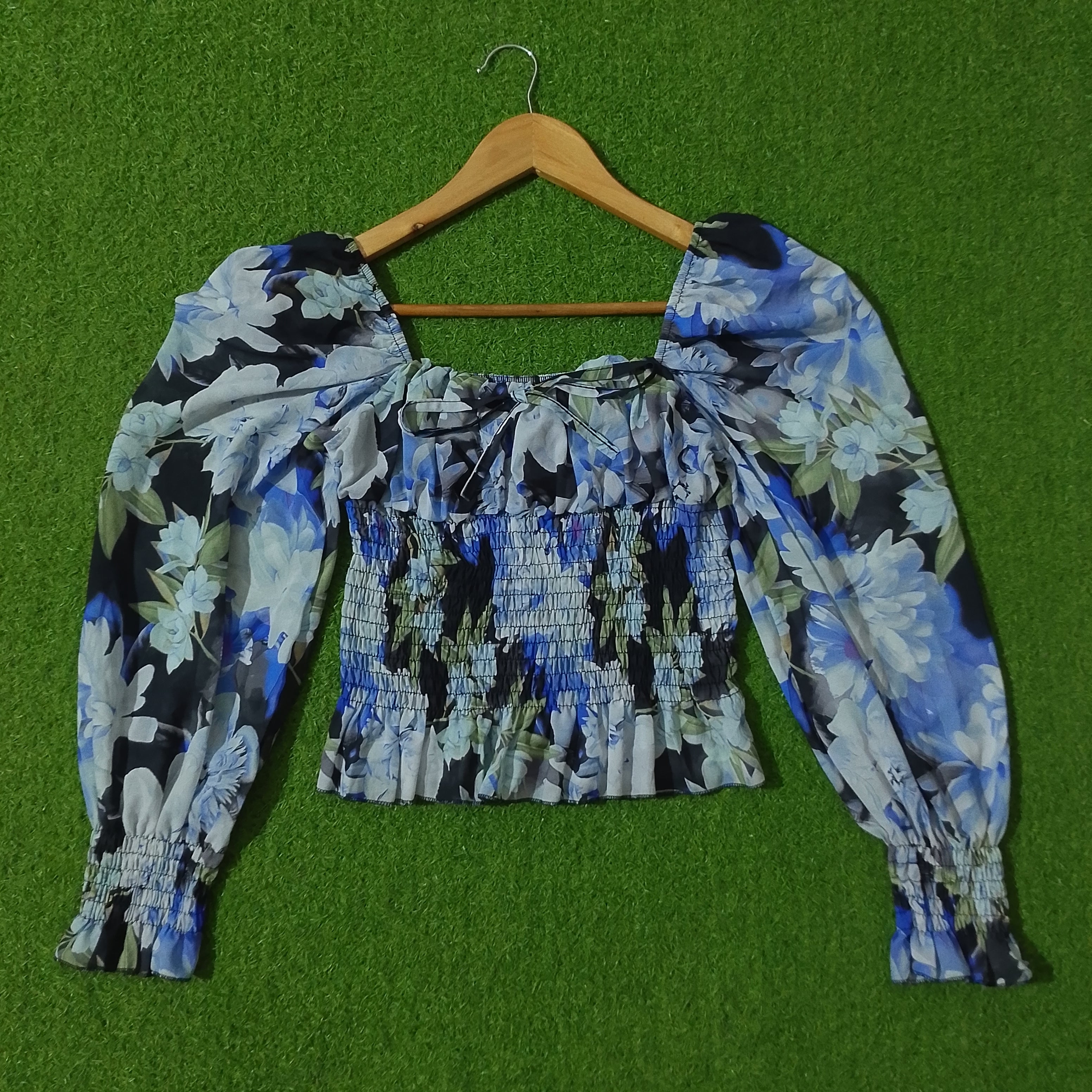Navy Blue White Floral Smocked Tie Neck Puff Sleeve Crop Top - Front View