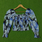 Navy Blue White Floral Smocked Tie Neck Puff Sleeve Crop Top - Front View